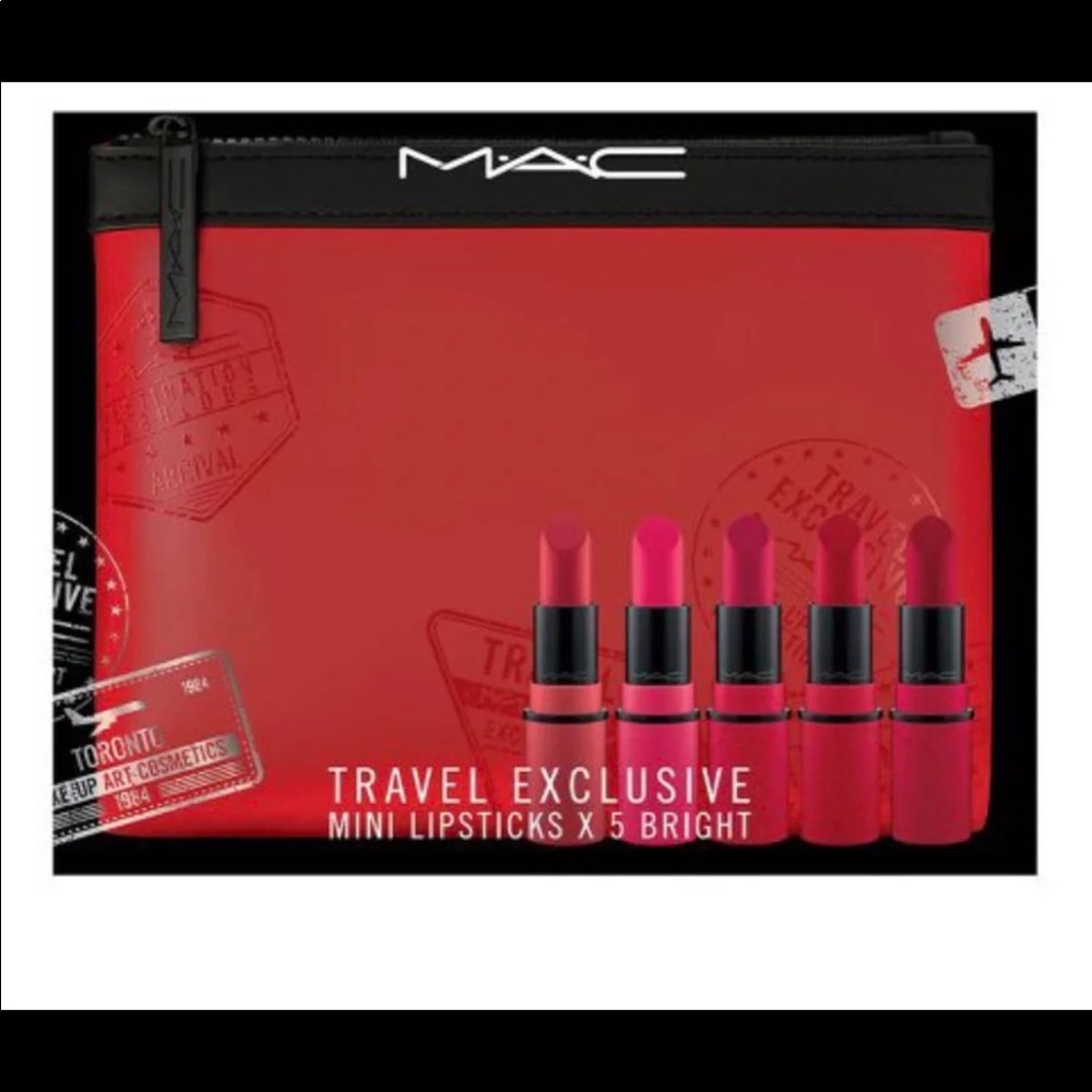 NWT!! 5 MINI MAC LIPSTICKS IN A TRAVEL THEMED ZIP MAKEUP BAG